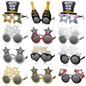 Copkim 12 Pairs Happy New Year Glasses New Year’s Eve Sunglasses Novelty 2026 Plastic Glasses Photo Props(Stylish Styles)