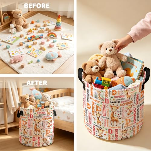 Image of Custom Giraffe Laundry Hamper, Personalized Laundry Basket with Name, Customized Dirty Clothes Basket for Clothes Toy Bathroom Bedroom Storage,S-16.5 inchX 13.8 inch