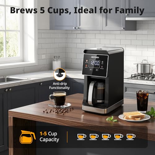 Image of AIRMSEN Grind & Brew Coffee Maker with Built-in Grinder, Programmable Single Serve Coffee Maker - 5 Cup-800ML, 3 Grind Settings, Auto Keep Warm & Glass Carafe for Small Home and Office