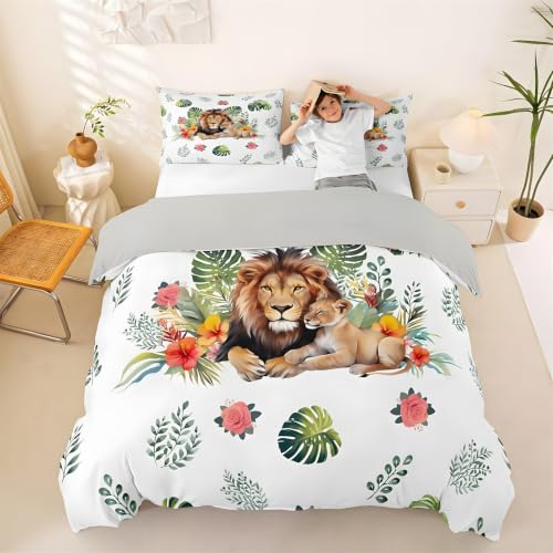 Housse de couette 240x260 lion avec 2 taies d'oreiller 65x65 en microfibre pour lit adulte