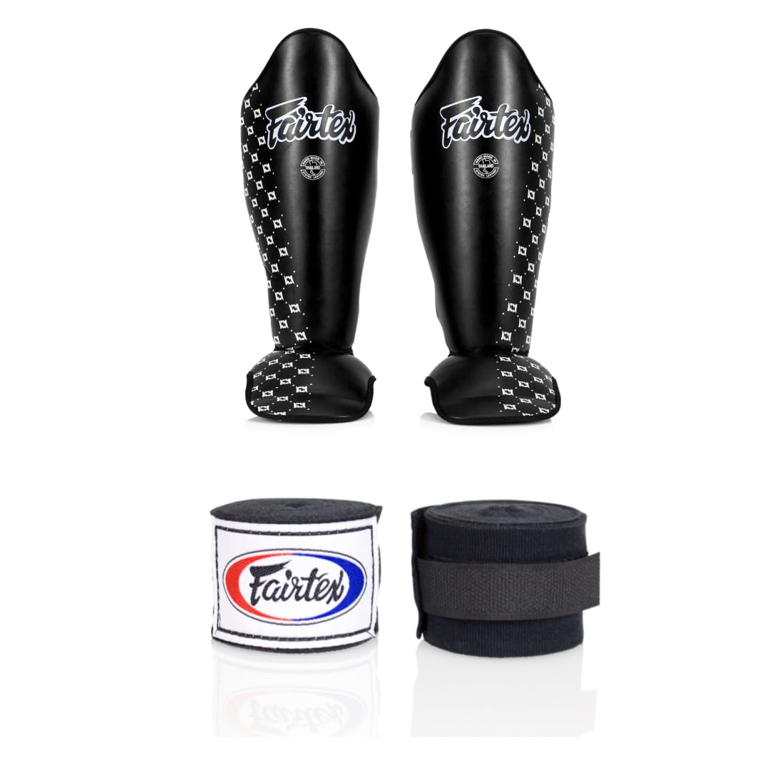 Fairtex SP5 Black Large Shin Guard Muay Thai Handwrap Black 180 inch