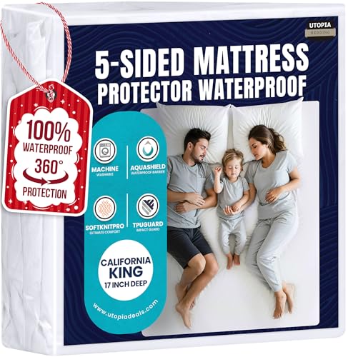 Utopia Bedding Protector de colchón impermeable de 5 lados, tamaño California King, funda de colchón transpirable de alta calidad, estilo ajustado con bolsillos elásticos (blanco)