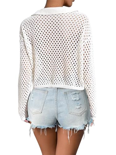 Image of Womens Tie Front Crochet Cardigan Sweaters Lightweight Hollow Out Beach Cover Up Long Sleeve Collared Summer Shrug