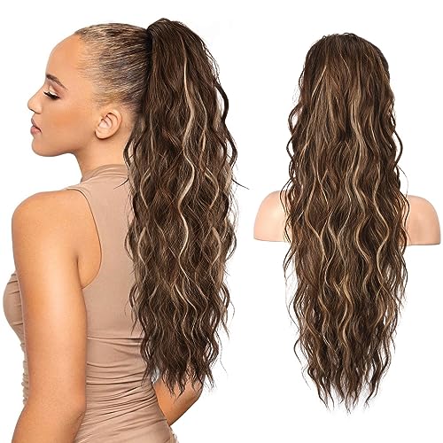 REECHO Ponytail Extension, 26" Long Beach Wave Drawstring Pony Hair Extension Synthetic Pony Tail Hairpiece for Women