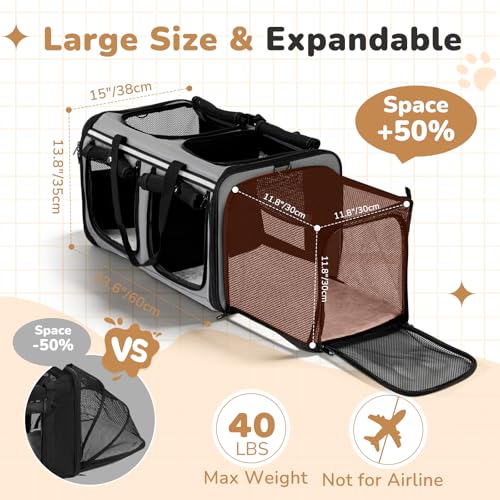 Expandable Extra Large Cat Carrier for 2 Cats, Double Cat Travel Carrier Bag with Litter Box, Foldable Breathable Soft Sided Pet Dog Carrier with Divider for Car Travel, Outdoor & Vet Visit - Image 3