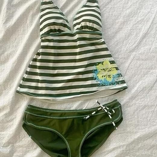 Summer 2 Piece Stripe Beach Bikini Set Y2k Sexy Floral Print Halter Neck Swimsuit Set 2000s Aesthetic Streetwear2