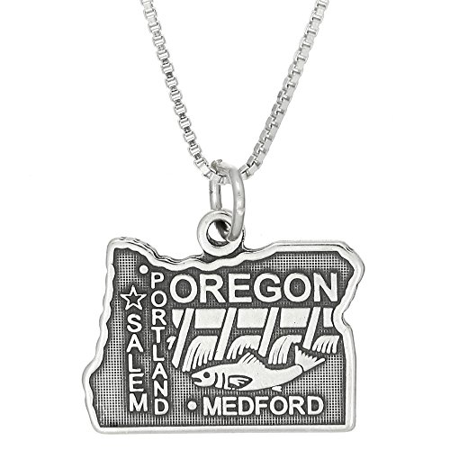 LGU Sterling Silver Oxidized State of Oregon Charm with Box Chain Necklace (20 Inches)