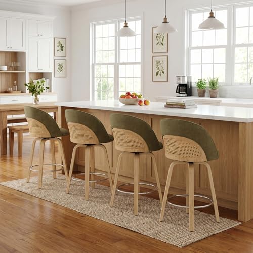 Butacos EALSON, Set de 2 Butacos Giratorios de Bar de 26", con Respaldo de Ratán, Tapizados en Chenilla Moderna, Patas de Madera y Reposapiés Plateado para Isla de Cocina o Sala de Estar, Verde miniatura 3