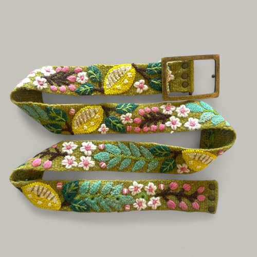 Peruvian Embroidered Flower Wool Belt, Hand Embroidered, Fair Trade - "Lemons and Leaves Belt"2