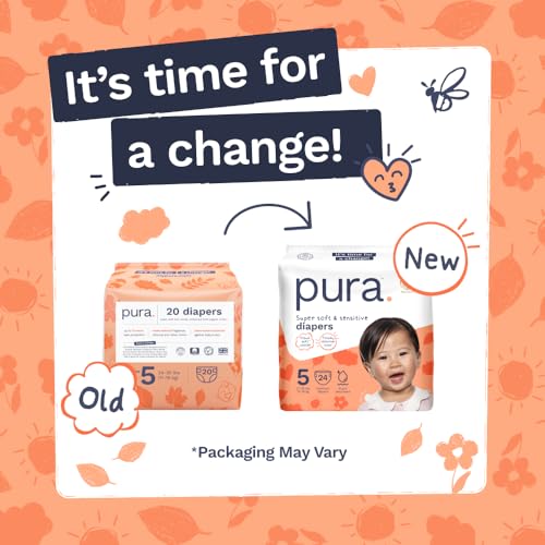 Image of Pura Baby Diapers Size 5-96 Count, 27-35lbs, 12hr Leak Protection, Cloud Soft & Gentle Diapers for Hypoallergenic & Sensitive Baby Skin, Toxin-Free*, Organic Cotton, Blowout Blocker, New Size Guide