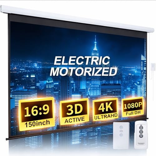 Image of Motorized Projector Screen Pull Down 150 Inch 16:9 HD Automatic Projector Screen with Remote, Electric Retractable White Projection Screen Portable, Roll Up Movie Screens for Projectors Outdoor Indoor