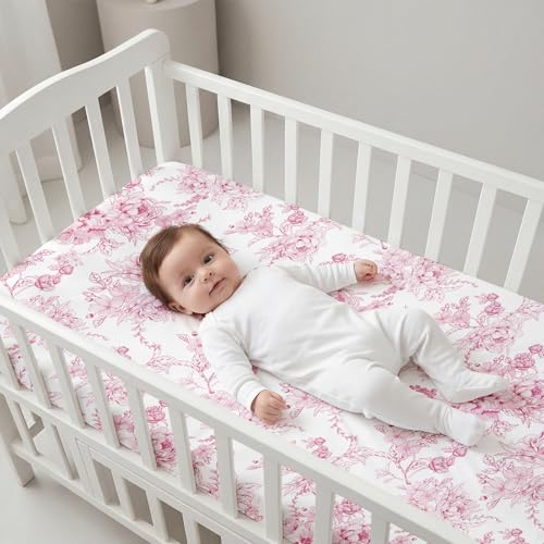 Image of DILIMI Fitted Crib Sheets for Baby Boys and Girls, Ultra-Soft Breathable Baby Crib Sheet Fits Standard Crib and Toddler Mattress, Pink Floral