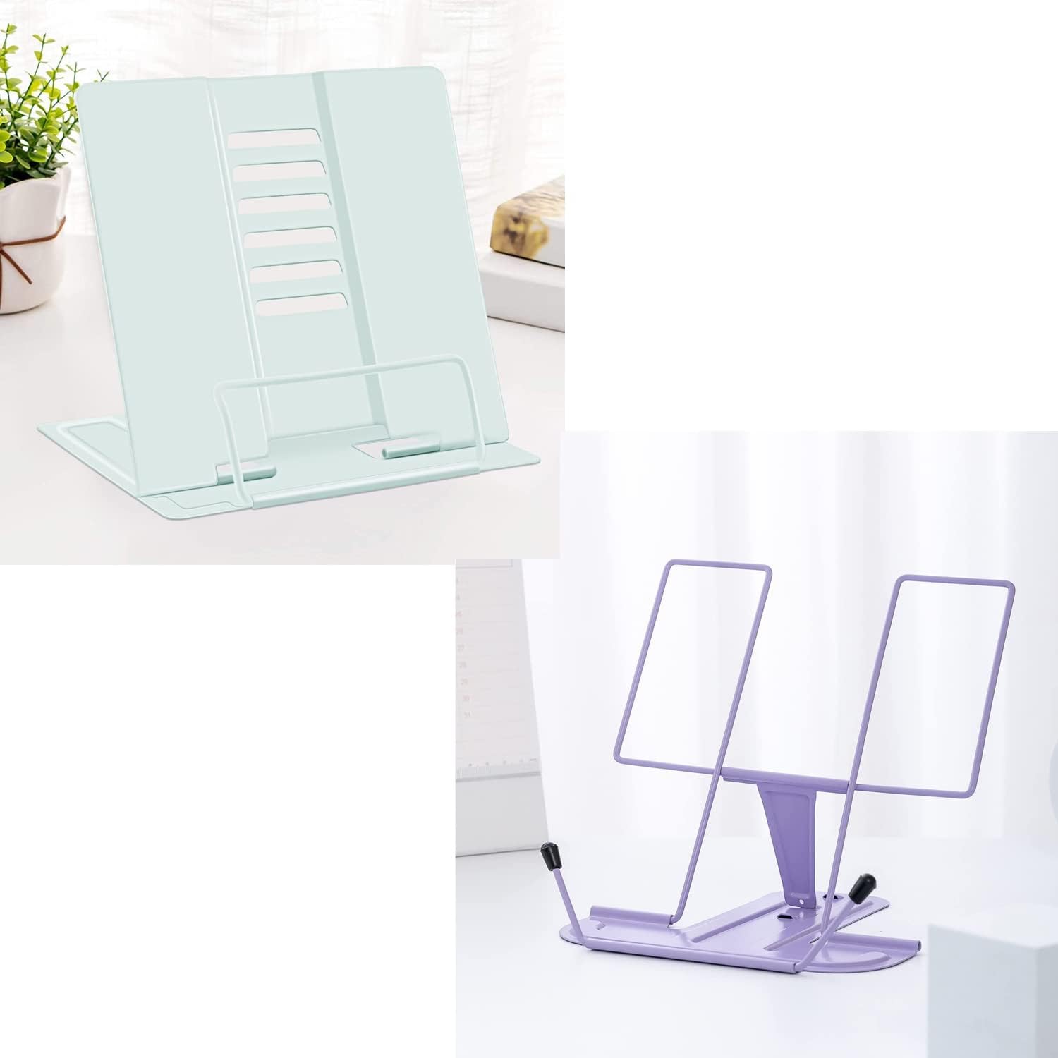 MSDADA 2PC Different Design Desk Book Stand Metal Reading Rest Book Holder Adjustable Cookbook Documents Holder Portable Sturdy Bookstand for Recipes Textbooks Tablet Music Books(Macaron Green+Purple)