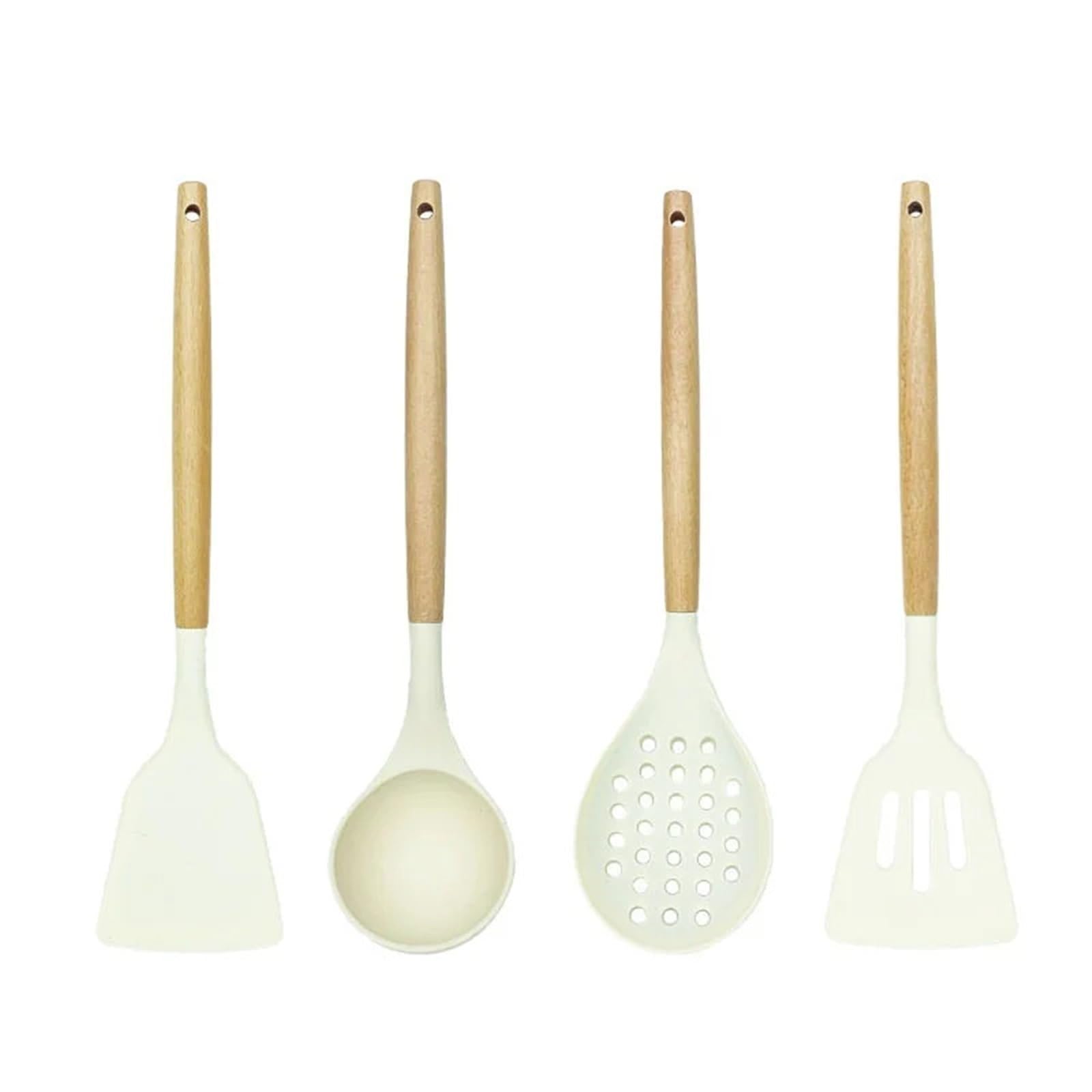 Manico in legno da 8 pezzi, padella antiaderente bianca, spatola in silicone, resistente alle alte temperature, cucchiaio zuppa, set di utensili cucina Per Cucinare