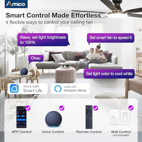Image of Amico Ceiling Fans with Lights, 52'' Smart RGB Ceiling Fan with Remote /APP /Alexa Control, Flush Mount, Reversible DC Motor, 5 Blades, 6 Speeds, 3CCT, Dimmable, Noiseless, Bedroom, Living Room, Black