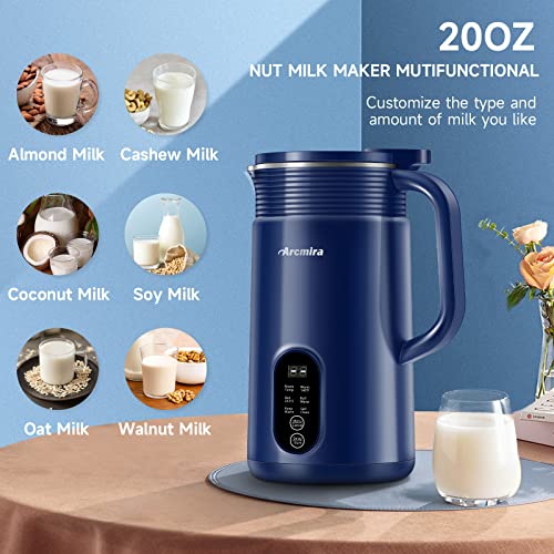 Arcmira Automatic Nut Milk Maker, 20 Oz Homemade Almond, Oat, Soy, Plant-Based Milk And Dairy Free Beverages, Almond Milk Maker With Delay Start/Keep Warm/Boil Water, Soy Milk Maker With Nut Milk Bag, Blue #TOP1