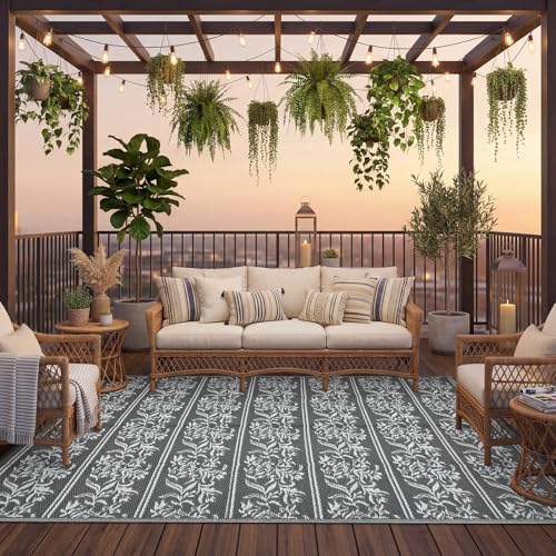 GarveeHome Outdoor Rug 8x10 Waterproof for Patio, Reversible Outdoor Plastic Straw Rug, Wallpaper Flower Indoor Outdoor Mat Carpet for RV, Camping, Deck, Backyard, Picnic, GreyWhite