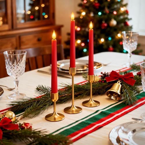Image of Homemory 3 Pcs Waxy Red Flameless Taper Candles with Remote, Flickering Battery Operated Classic Tall Candles for Xmas, Wedding, Party, 9.6 inches