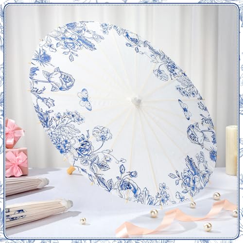 Lemosae 12 Pack Paper Umbrellas Bulk for Wedding, 23.6\" Chinese Japanese Parasol Vintage Decorative Sun Umbrella for Bridal Party Tea (Flower)