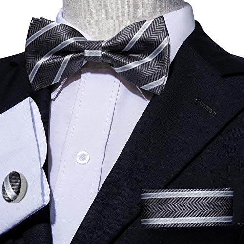 Image of Barry.Wang Paisley Striped Bow Tie for Men Silk Pre-Tied Bowtie Pocket Square Cufflinks Set Formal Wedding Party Prom