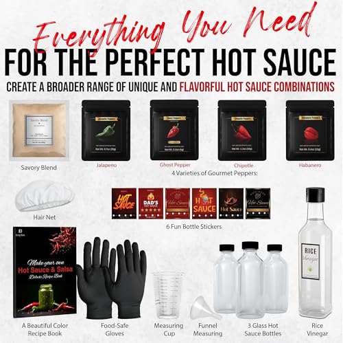 Image of Gourmet Hot Sauce Making Kit - Make Up to 16 Bottles, Mild to Extreme Heat - Fathers Day Gift for Men, Dad & Spice Lovers - DIY Make Your Own Hot Sauce Kit