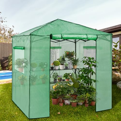 Image of EAGLE PEAK 7x7 Easy Setup Pop Up Greenhouse, 2 Folding Shelves, Clear /Green