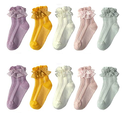 Adeimoo Princess Baby Girls Socks Lace Ruffle Frilly Ankle Dress Sock for Infant Toddlers Kids (5 Pack A, 6-12 Months)
