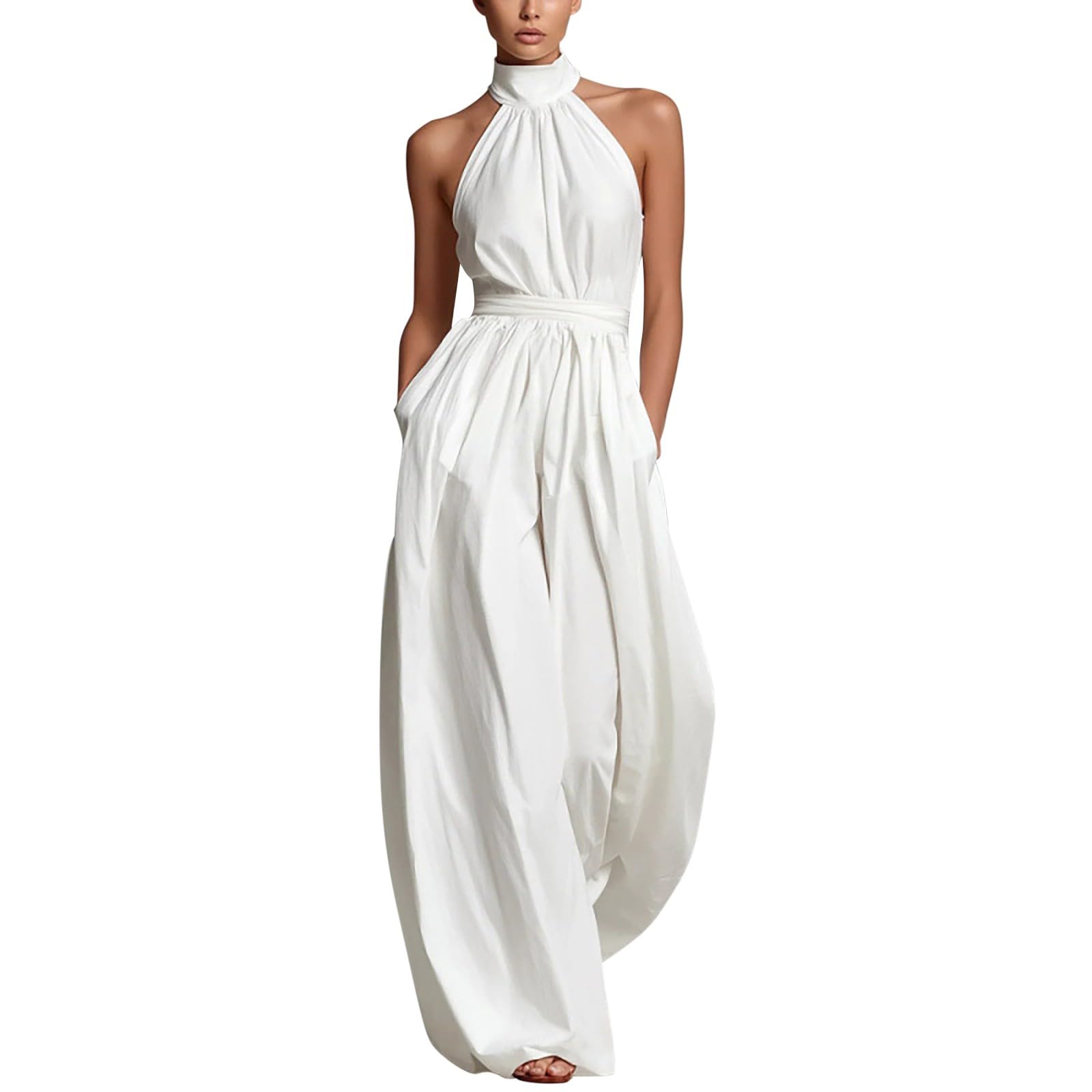Tuta da donna elegante per matrimonio, taglie forti, pantaloni con allacciatura al collo | Tuta intera a gamba larga con tasche, vestibilità ampia, tinta unita, per ospiti di nozze