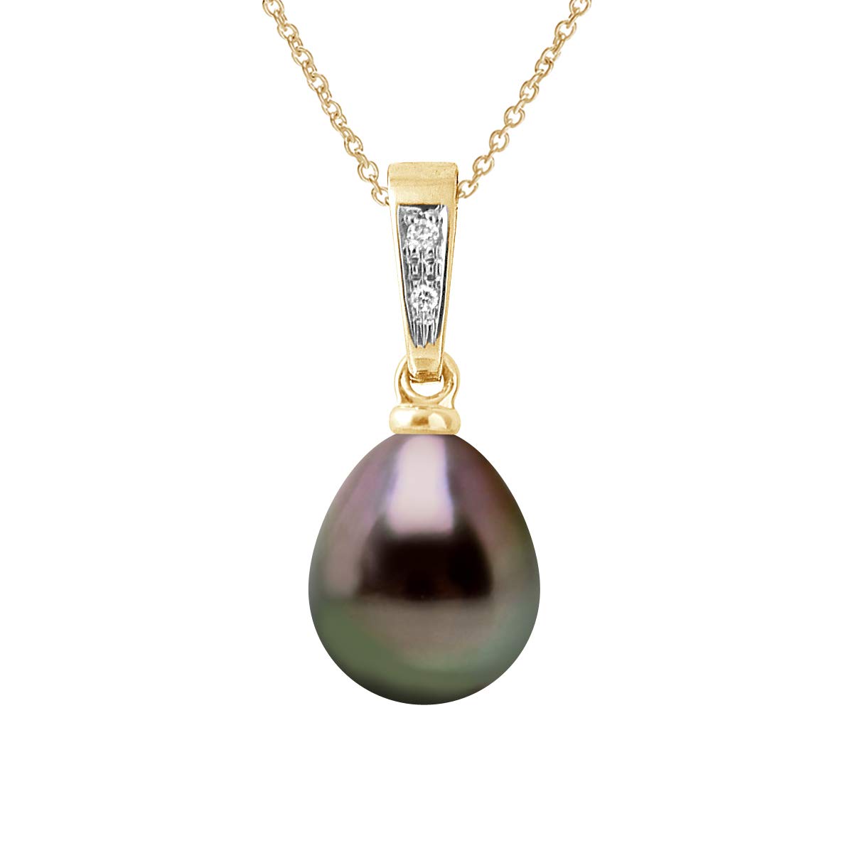 PEARLS & COLORS - Autentica perla di Tahiti coltivata 0,010 carati di diamante Ciondolo 8-9 mm - Qualità A+ - Disponibile in oro giallo e bianco - Catena gratuita - Gioielli da donna