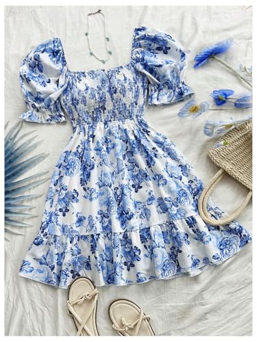 Image of Floerns Women's Floral Puff Short Sleeve A Line Dress Ruffle Hem Boho Dresses