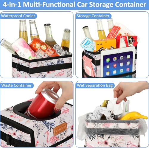 Image of ELONGRIVER Car Trash Can Bin for Back Seat Leak Proof, Cute Car Trash Bag Hanging, Vehicle Trash Can for SUV Truck Van, Automotive Garbage Cans Front Seat Flamingos, 2 Gallons