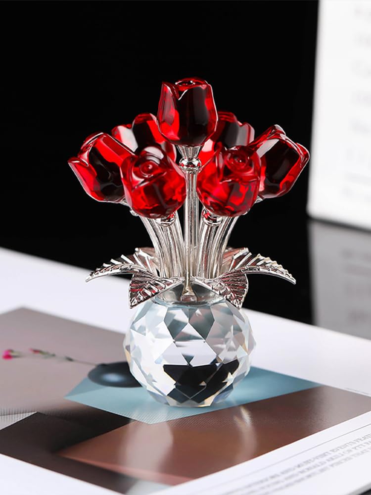 Tanant Statuetta di Bouquet di Rose di Cristallo Rosso con Vaso, Regali di Fiori di Rosa per Mamme e Donne, Fiori di Vetro per San Valentino, Anniversario di Natale, Ornamento da