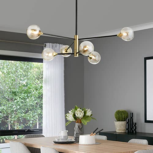 Bokt Mid Century Modern 6-Lights Globe Sputnik Chandelier Pendant Amber Glass Globe Round Chandelier Gold Black Flush Mount Ceiling Light Kitchen Island Chandelier Lamp #TOP4