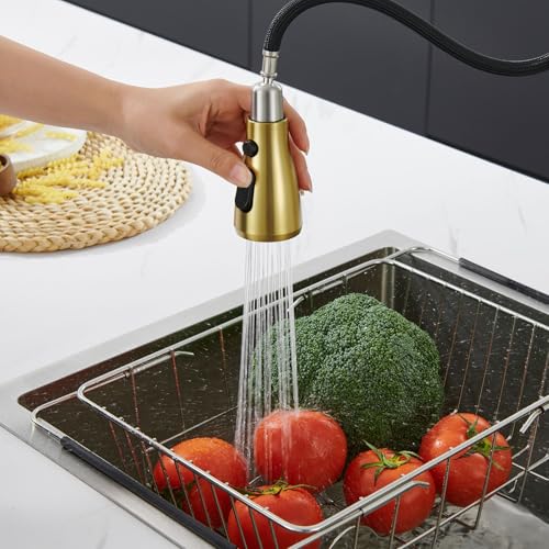 Image of Pull Down kitchen Faucet Head Replacement, Kitchen Faucets 3-Function Spray Nozzle, Kitchen Sink Sprayer Replacement Compatible with Model Number AZ-US-SOEBIZ-CFSLT-GD-03, Brushed Gold