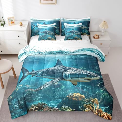 jejeloiu Shark Comforter Set with Sheets Twin Size 7 Pieces