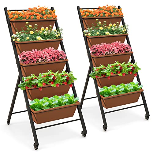 Giantex 2 Pcs Vertical Planter Raised Bed On Wheels, Elevated Garden Beds With Water Drainage Hole, Freestanding 5 Container Boxes For Herb Vegetables Flowers Growing, Outdoor Indoor Patio Balcony #TOP18
