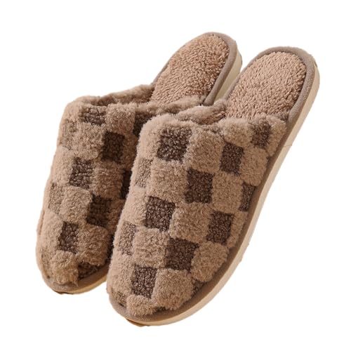 Loizziuy Checkerboard Plush Slippers Winter Warm Cotton Shoes Home Slippers Indoor for Women Furry Shoes Accessories