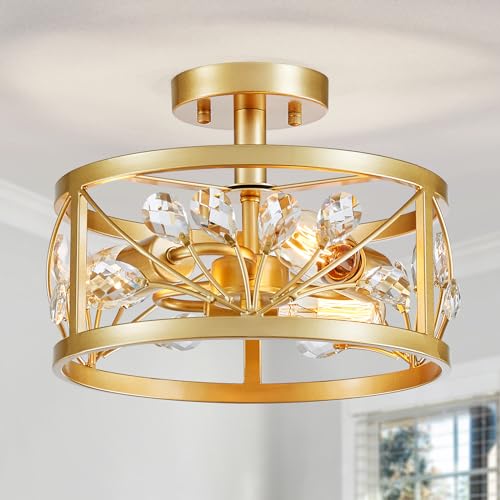 WUZUPS Lustre de folha de vidro 3 luzes quinta vintage industrial candeeiro semi-embutido candeeiro moderno hall de entrada corredor sala de armazenamento cozinha casa de banho, H 22 W 30, ouro