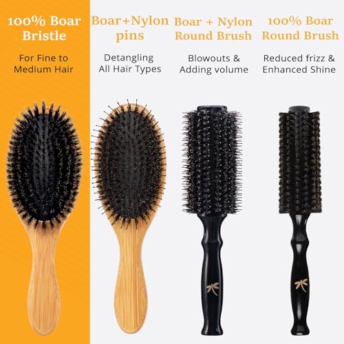 Image of Natural Boar Bristle Hair Brush Set for Women, Men and Kids With Thin, Normal And Fine Hair. Restore Shine And Texture To Your Hair. Wooden Comb, Travel Bag and Spa Headband Included!
