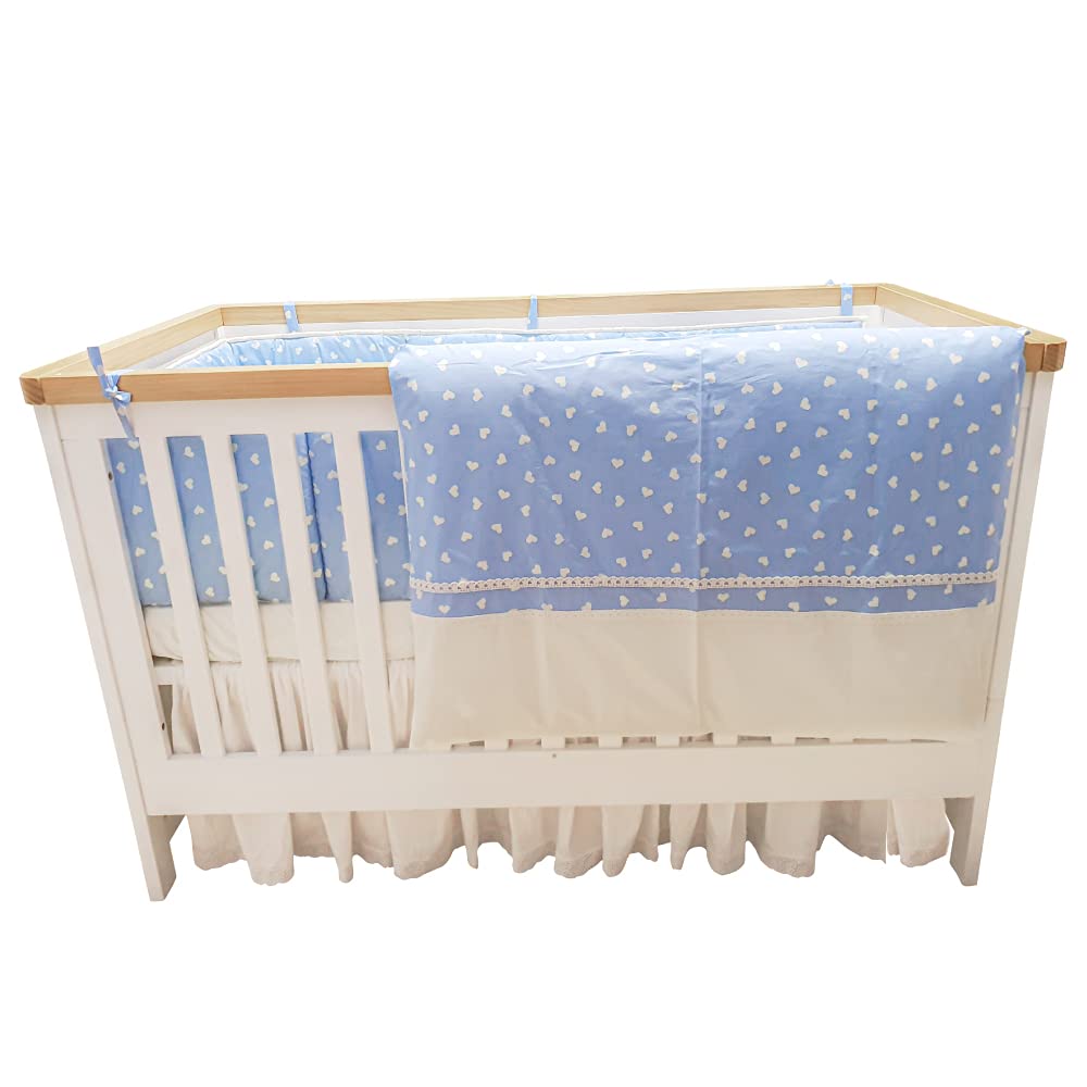 Periwinkle Hearts Printed Cotton Bedding Set with Off-White Bows and Lace Trimming