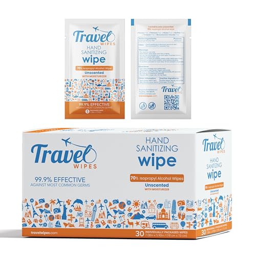 Hand Sanitizing Travel Wipes 30ct Individually Wrapped | Fragrance-Free Moisturizing 70% Isopropyl Alcohol Wipes | Travel Home Office Daily Use
