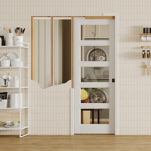 Image of Sliding Pocket Door with Lock, 24 inch x 80 inch, 5-Lite Clear Tempered Glass Pocket Doors with Frame and Hardware Kit Set, Interior Door Slab, White Primed - No Panel Assembly Required