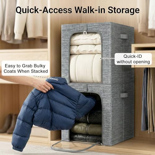 Image of GoMaihe Blanket Storage Bins with Metal Frame, 6-Pack Large Closet Storage Bins with Lid & Clear Window, Comforter Bedding Storage Organizer for Walk-in Closet Cationic Fabric 55L