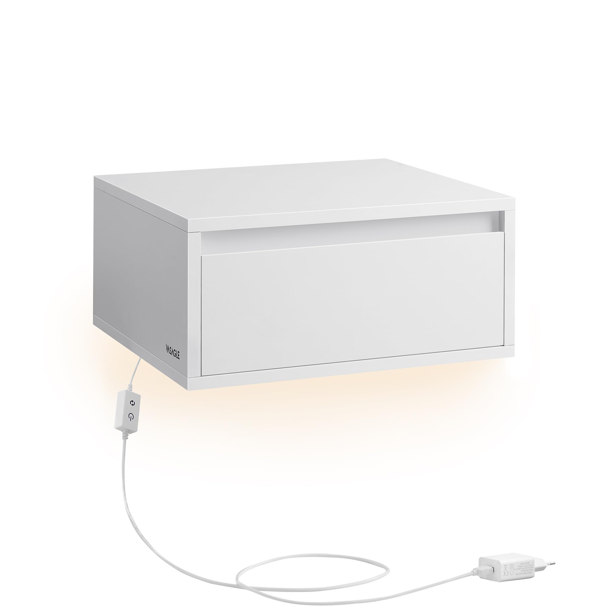 VASAGLE Kailyn Colección - Mesita de Noche Colgante, Luz con 3 Pantallas, Estante de Pared con Cajón, 35 x 40 x 18 cm, Estilo Moderno, Sala de Estar, Dormitorio, Blanco Nube LET654W01