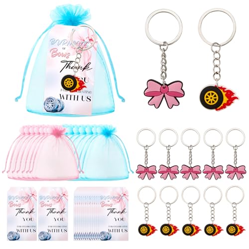 20 Set Burnouts or Bows Gender Reveal Decorations - Burnouts or Bows Gender Reveal Party Favors Tire and Bow Keychains with Goodie Bag and Thank You Card Baby Shower Birthday Party Gifts for Guest
