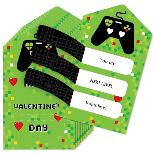 Image of Big Dot of Happiness Game Zone - Pixel Video Game Cards for Kids - Happy Valentine's Day Pull Tabs - Set of 12