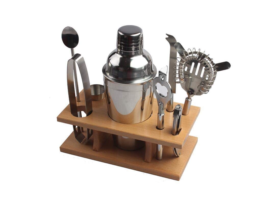 9Pcs Of Sets Wine Mixer Set Wooden Stand Set With Muddler Corkscrew Jigger Ice Tongs Mixing Spoon Pourers Bartender Set Home Bar Tool-350ML