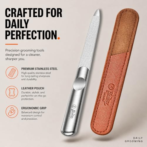 Image of Beaute Secrets Premium Stainless Steel Nail File with Leather Case | Professional Metal Nail Filer for Smooth Shaping | Durable, Reusable Manicure Pedicure Tool for Women & Men