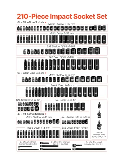 Image of VEVOR 1 /4 & 3 /8 & 1 /2 Inch Drive Impact Socket Set, 210-Piece Metric and Standard Full Sockets, Deep & Shallow, CR-V, 6 Point, Extension Bars, Universal Joint, Three Carrying Cases