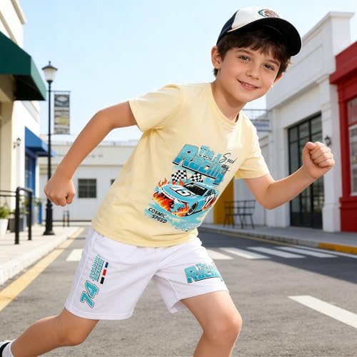 Image of OLMRJKD Boys 2 Piece Outfits Short Sleeve Colorblock T-shirt and Shorts Summer Casual Clothes for 6-12 Years